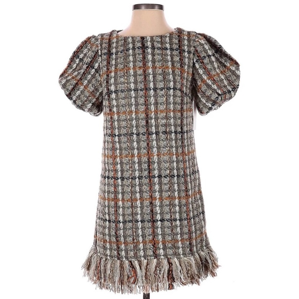 Aura Women Wool Blend Tweed Mini Dress with Fringe Hem and Puff Sleeves, size M